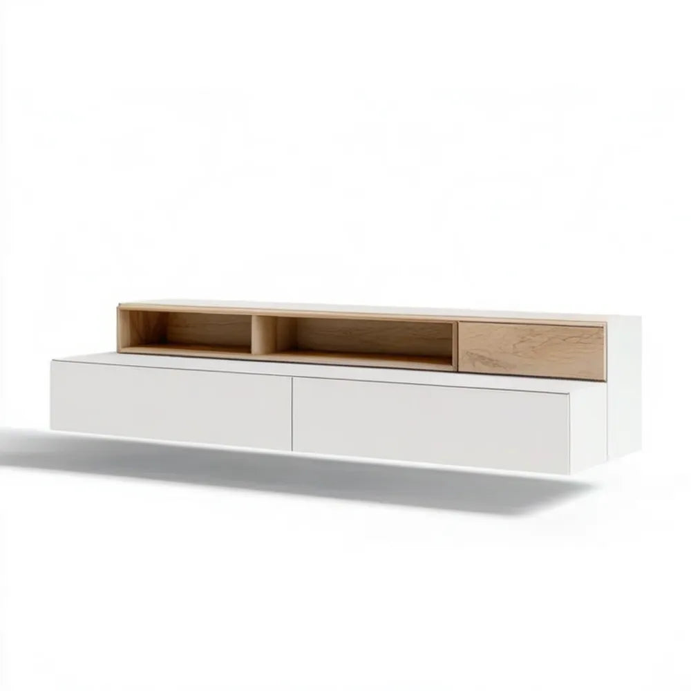 Wisząca szafka RTV z MDF biała i dąb naturalny 180 x 40 x 45 cm
