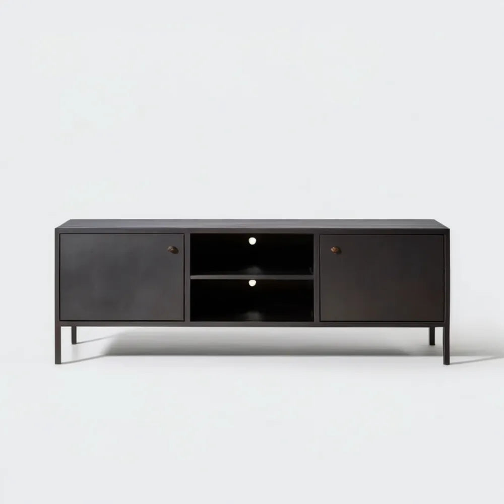 Czarna szafka RTV MDF 160 x 40 x 55 cm z 2 drzwiczkami i 2 otwartymi półkami