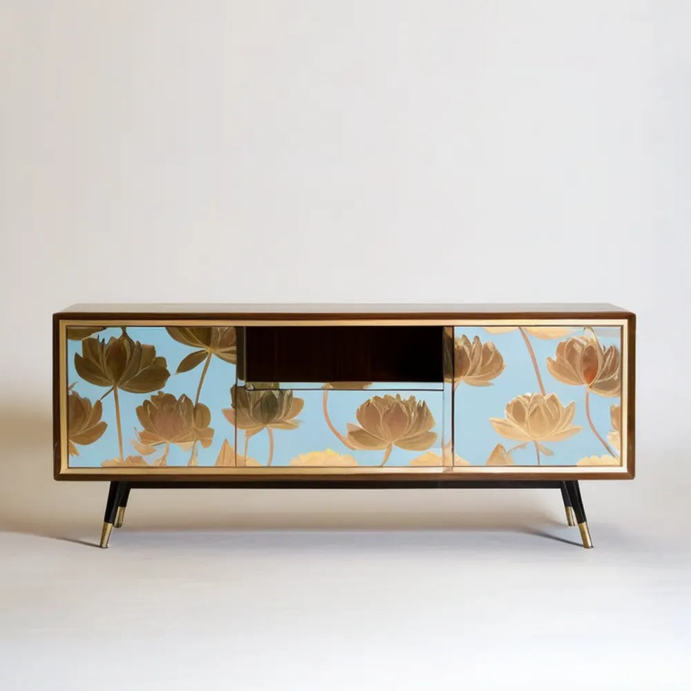 Błękitna szafka RTV ze złotym wzorem lotosu, MDF, 160 x 40 x 75 cm