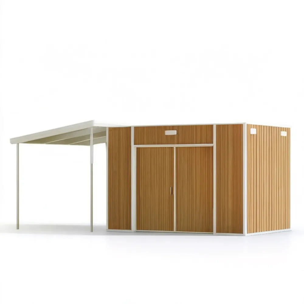 Domek ogrodowy z wiatą boczną WPC brązowo-biały 500 × 300 × 230 cm