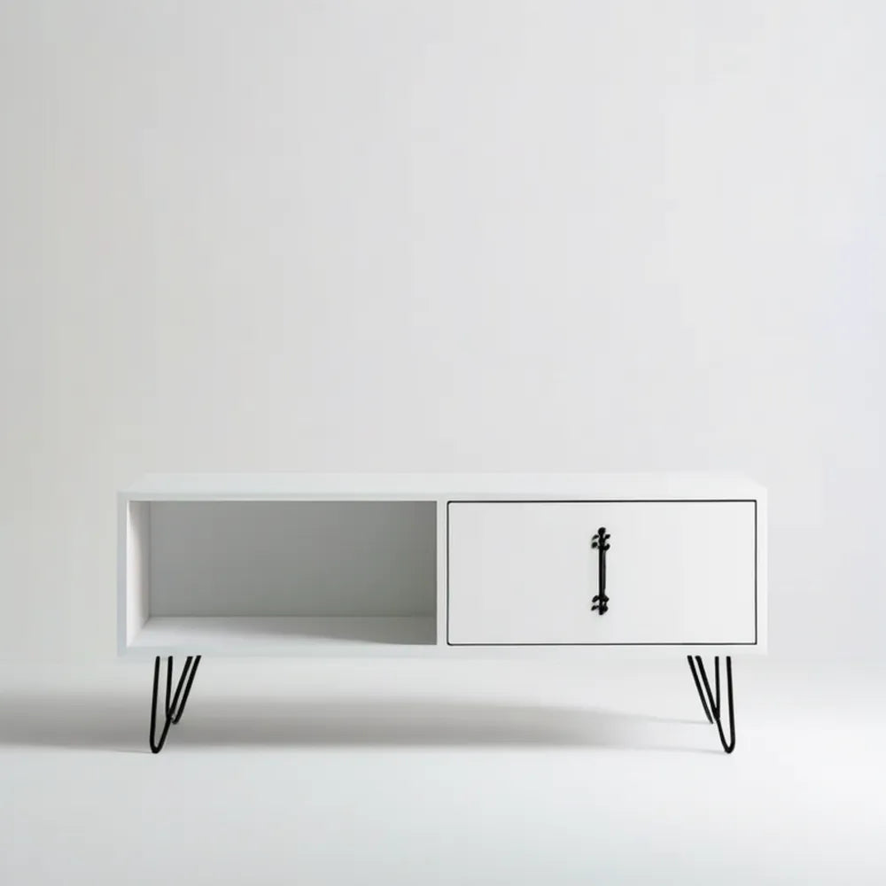 Biały stolik kawowy MDF z czarnymi stalowymi nogami 120 x 40 x 45 cm
